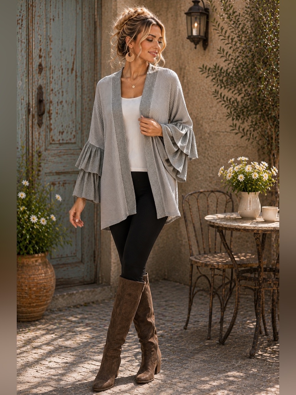 L Love Gray Waffle Knit Open Front Cardigan M| Tiered Ruffle Sleeve Boho Cozy